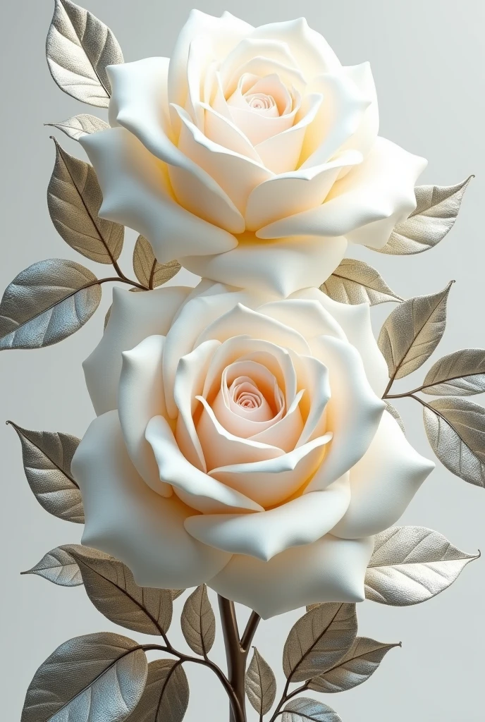 High definition，work of art，Official artistic aesthetic, white roses, 3D metallic leaves, Background transparent.