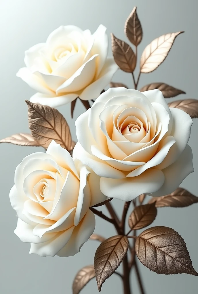 High definition，work of art，Official artistic aesthetic, white roses, 3D metallic leaves, Background transparent.