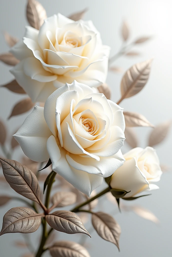 High definition，work of art，Official artistic aesthetic, white roses, 3D metallic leaves, Background transparent.