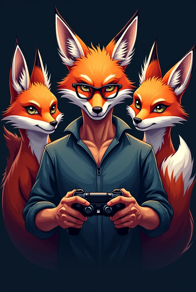 A logo with two sexy female foxes and a strong male fox wearing glasses in the middle holding a video game controller, Written by Epic Game Designer