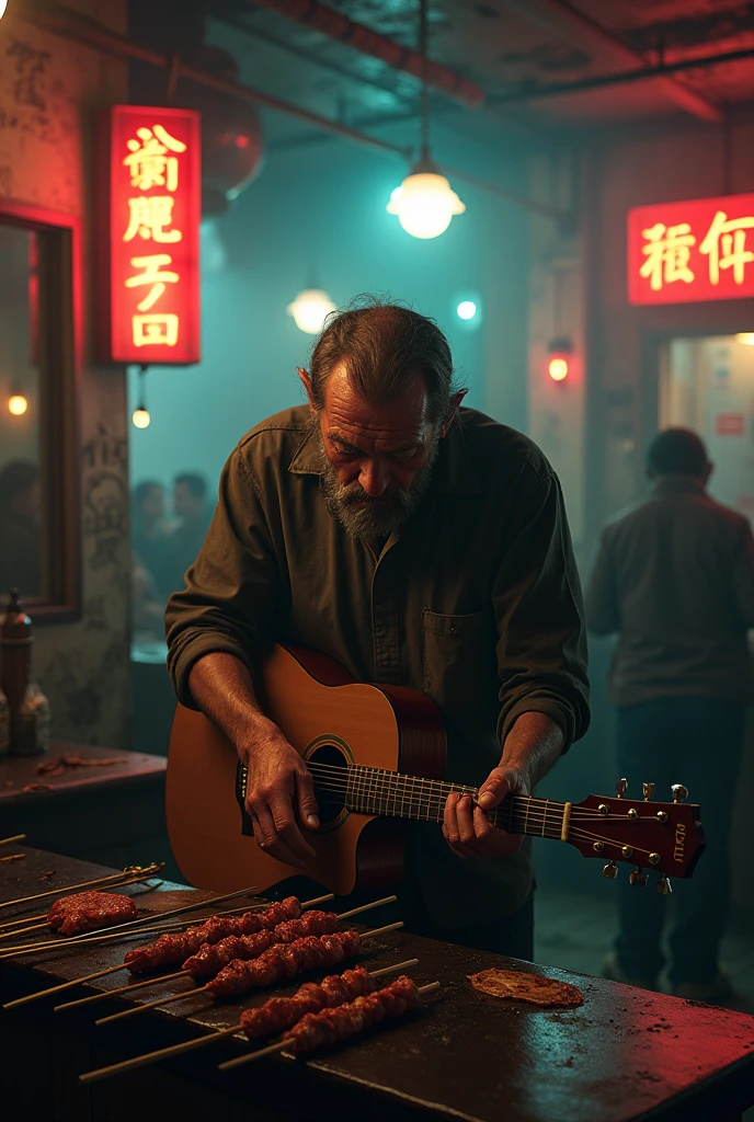 Ugly 40-year-old man with stomach ache making meat skewers and playing guitar in a bar