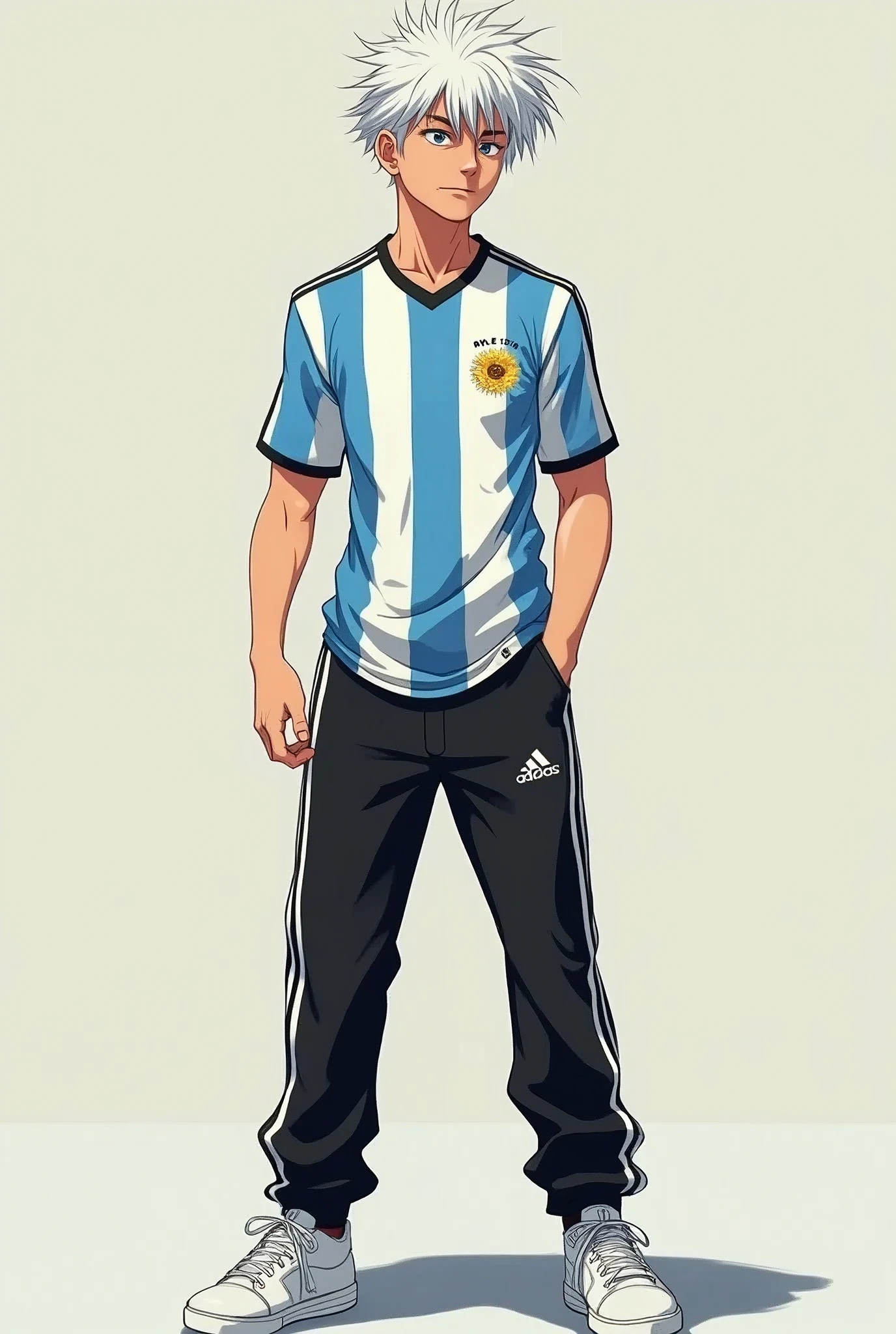 Tall anime boy with messy white hair wearing an Argentina jersey and black pants with three white stripes down the sides and white sneakers..