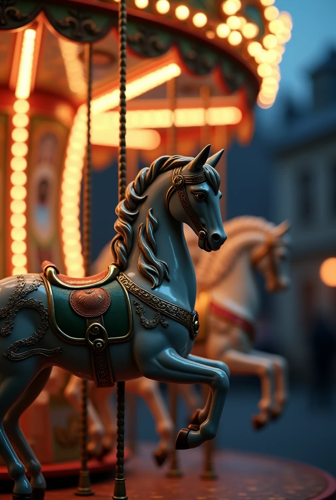 a carousel at nigth with closer look of the horse’s shine with the dim lights
