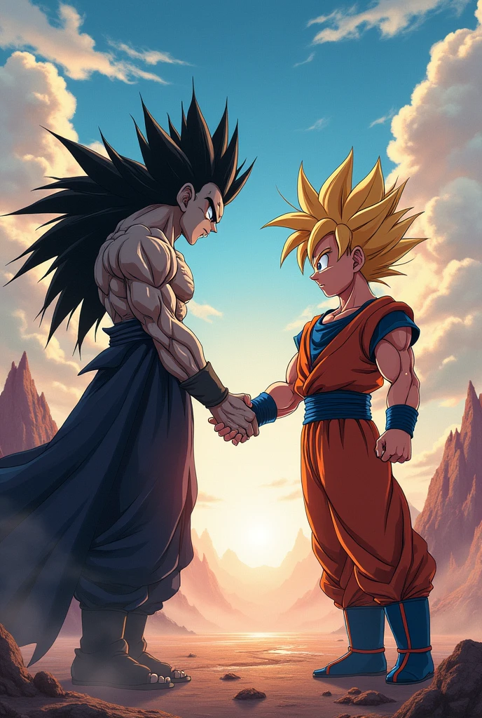 Sukuna from Jujutsu Kaisen and Goku from Dragon Ball shaking hands and hugging each other's arms