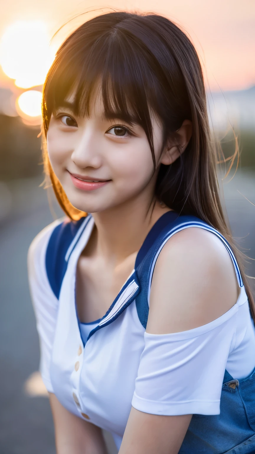 High resolution, masterpiece, 1girl, A very cute face like an idol, Looks like a young face, 18 year old, Gentle and cute, A kind smile, Cleavage, school uniform, schoolyard with beautiful sunset, whole body, RAW Photos, Genuine, live-action, Artistic,