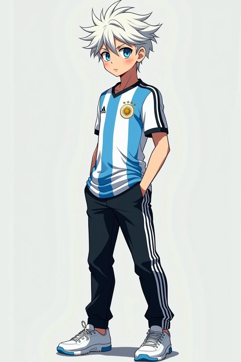 Tall anime boy with messy white hair wearing an Argentina jersey and black pants with three white stripes down the sides and white sneakers..