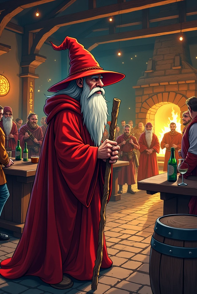 Make a tavern with people from a medieval universe there, where an old wizard with a red pointed hat and red robes and a wooden staff arrives at the location and just looks around. Make an art that is comic book style 