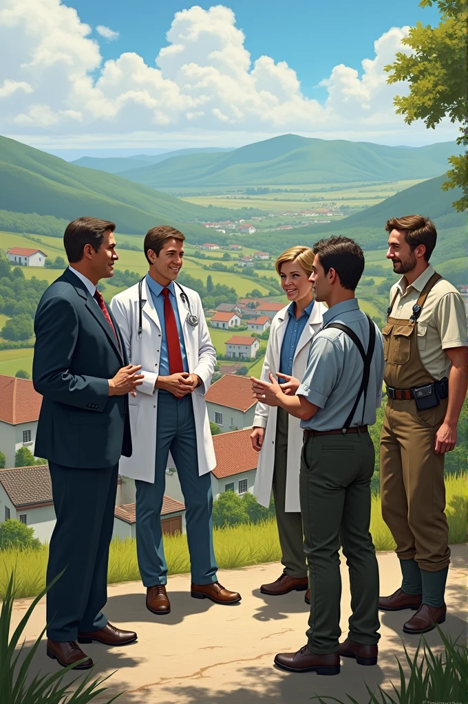 Les professionnels et la population

Hommes : 1 Elected official (n+1), 1 mayor, 1 agriculteur, 1 guide, 1 veterinarian, 1 doctor
Animals : not specifically but why not
Environment : vue sur un village ou un bourg (vue en haut du vigneau de Licques serait parfait …)

The idea of the drawing :

Un groupe de professionnel semble en pleine discussion sur le terrain et semble discuter d’une problématique qui concerne leur Bourg
Le bourg doit comporter des maisons d’habitations, a farm and the ideal would be a health center or other
The elected official is in a suit or a tailor
The mayor wears a tricolor sash
The doctor has a white coat and a stethoscope
The veterinarian is wearing boots and a stethoscope
The farmer has a jumpsuit and work shoes