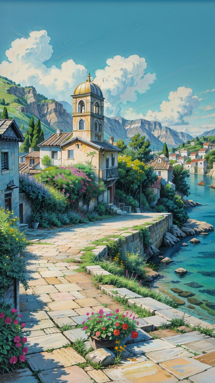 a painting of a narrow street with potted flowers, by Frances Jetter, greek art, by Demetrios Farmakopoulos, narrow street, ancient mediterranean village, greece, colorful landscape painting, gorgeous painting, architectural painting, vibrant gouache painting scenery, colorfull painting, colorful painting, mediterranean fisher village, beautiful painting, narrow streets, art painting, vibrant painting, greek architecture, 4k hd,, beautiful art uhd 4 k, a beautiful artwork illustration, beautiful digital painting, highly detailed digital painting, beautiful digital artwork, detailed painting 4 k, very detailed digital painting, rich picturesque colors, gorgeous digital painting