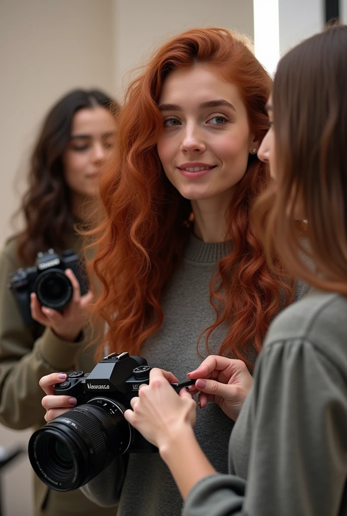 Generate an image of 3 girls.
The first is a photographer with wavy red hair holding a camera.. The second is a brunette photographer with curly hair., holding another camera. The third is a makeup artist, a fair-skinned young woman with long, straight hair, holding makeup brushes and working on their materials.