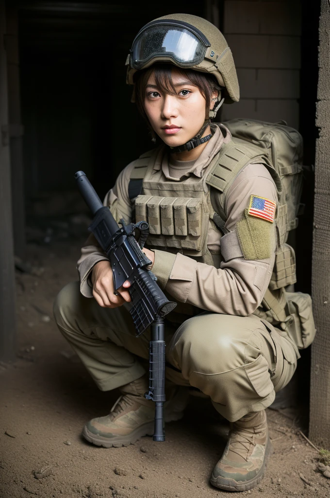 (masterpiece, ultra-detailed, ultra-realistic, best quality, clear focus, photorealistic), (ultra-high resolution, 8k:1.3), cinematic color-grading film, dramatic scenes, shadow, global-illumination, perfect anatomy, perfect face, (detailed face, detailed eye:1.3), (Japanese blonde anime-style girl:1.2), (experienced soldier:1.2), professional light, (boyish cool Japanese face:1.3), (Fully equipped for battle:1.3), (holding m4a1 large ault rifle:1.4), (long barrel rifle:1.3), (Strong willed expression:1.2), (afraid:1.3), (wearing a very cute soldier's outfits made of leather with military helmet:1.2), slim waist, (at a battle field of Abandoned Building at night), flash light, (explosion:1.4), very large breactical vest, military harness, (squatting), (long boots:1.3), face focus