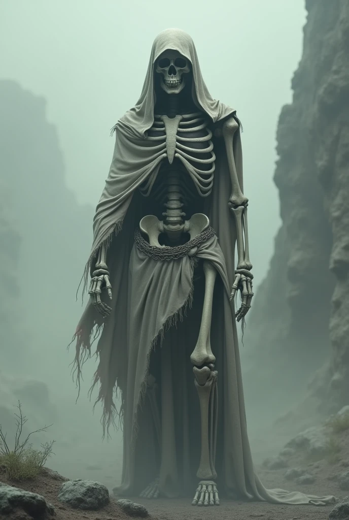 complete skeleton, Smoke-colored and covered in a tunic made of ash