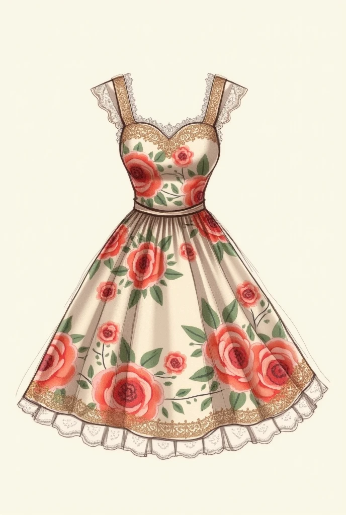  sketch of a dress with flowers in its fabric and colors and short lace 