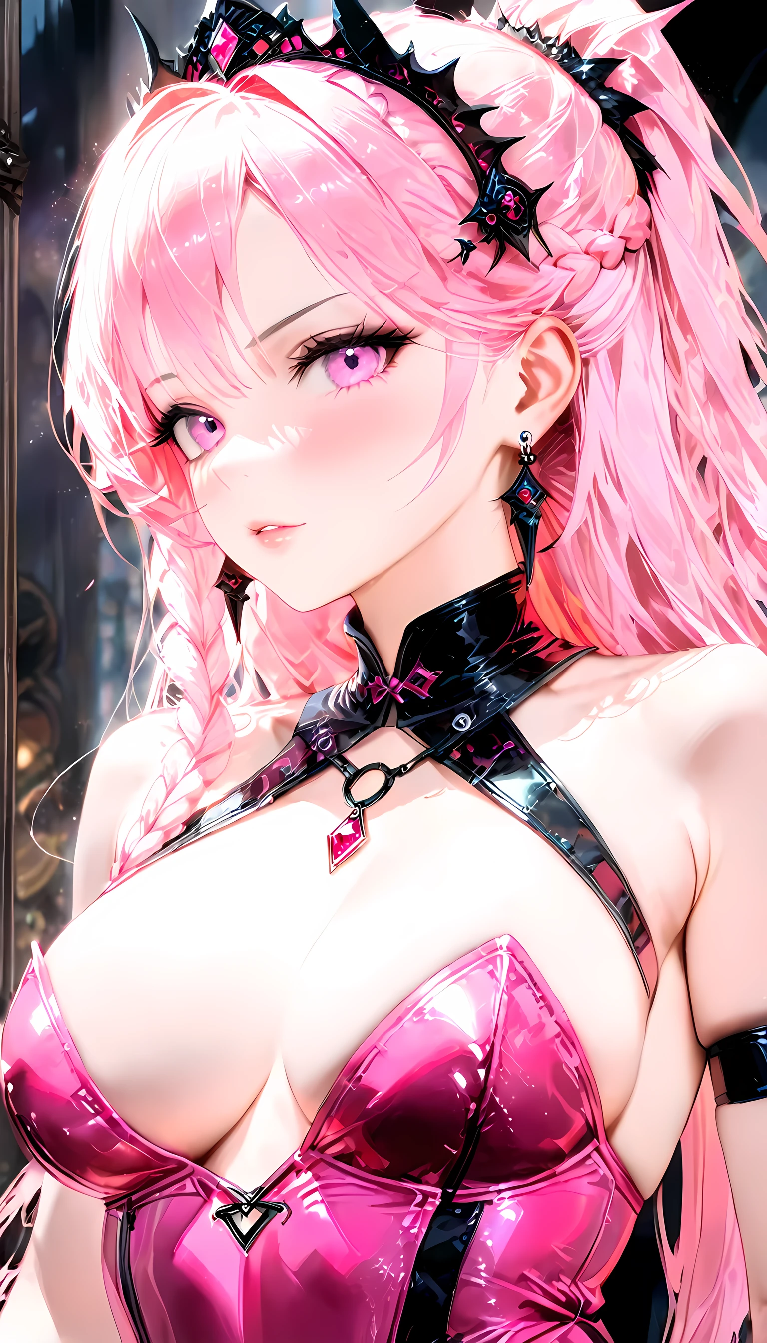 ((anime art: 1.5)), RPG art, Dark fantasy anime art, comic portrait  pin up picture of Barbie as a dominatrix queen (best details, Masterpiece, best quality :1.5), ultra detailed face (best details, Masterpiece, best quality :1.5), ultra feminine (best details, Masterpiece, best quality :1.5), wearing latex pink mini dress, pink stockings, pink high heels, long braided hair, hair pulled back, blond hair, dynamic background (best details, Masterpiece, best quality :1.5), ultra best realistic pictures , best details, best quality, 16k, [ultra detailed], masterpiece, best quality, (extremely detailed), ultra wide shot, photorealism, depth of field, hyper realistic painting, rpg portrait, Dark Fantasy page