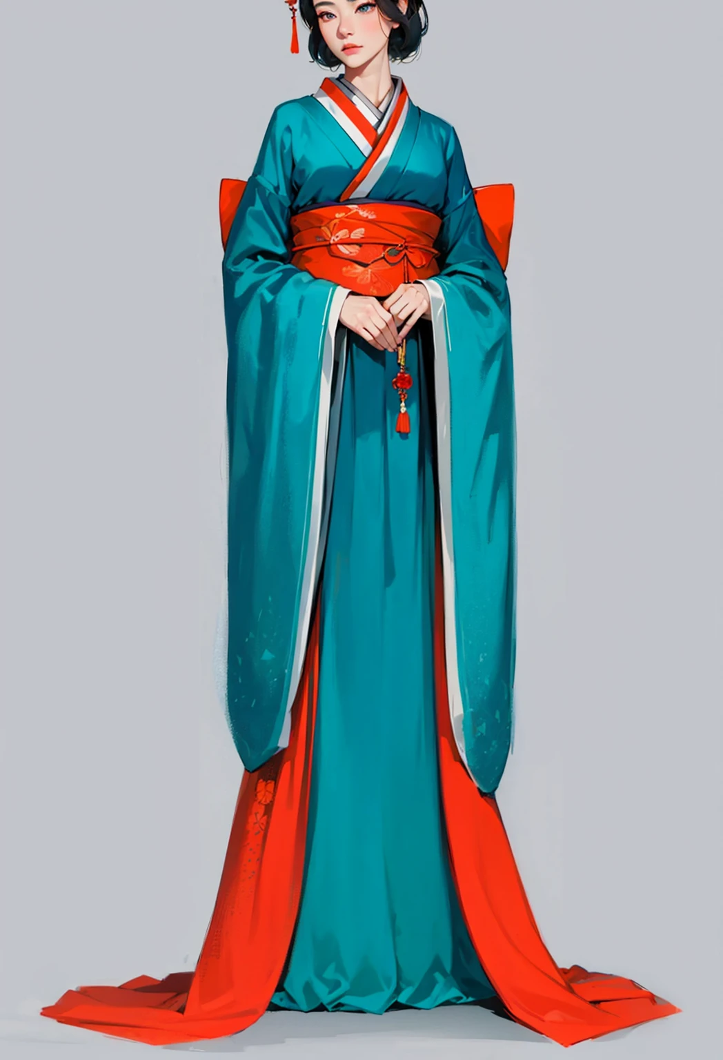 девушка в kimono, kimono в узорах. kimono, a geisha, красивая a geisha с темными волосами, a geisha стоит на облаках, character, красивый character, a geisha в красивом kimono, digital painting