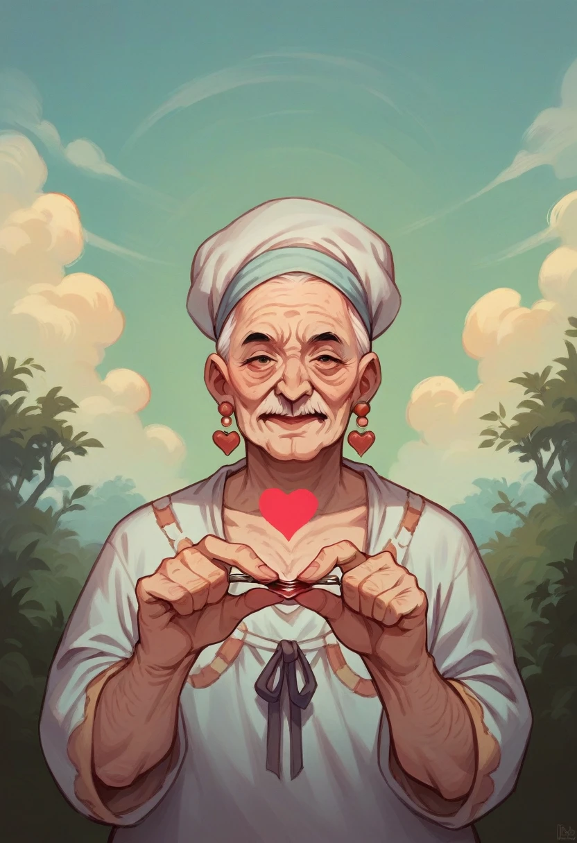 An elderly person holding a bleeding heart, with a dark mist behind them indicating the passage of time and the arrival of their climactic end. 