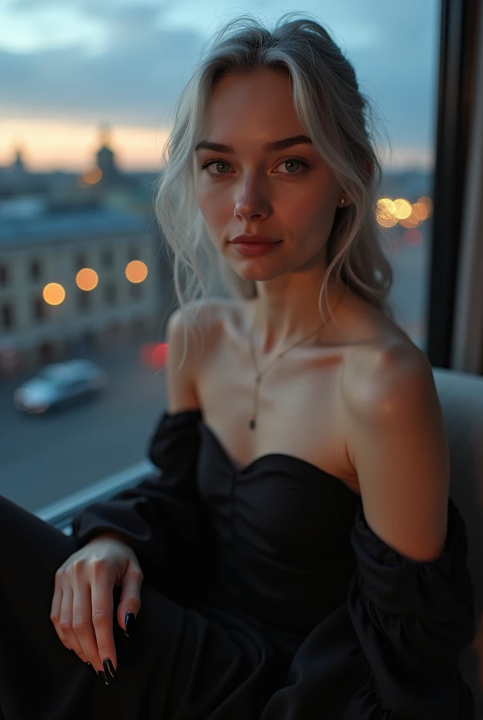 Beautiful girl with white skin, light gray hair, with bright shining eyes, Shiny skin, beautiful black manicure, Beautiful nails, pearl skin, In a black dress, beautifully detailed fingers, professional photo, 4K, a high resolution, high detail, realistic, looks straight, is sitting, Against the backdrop of St. Petersburg, evening