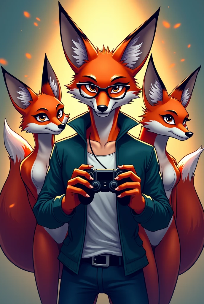 A logo with two sexy female foxes and a strong male fox wearing glasses in the middle holding a video game controller, Written by Epic Game Designer