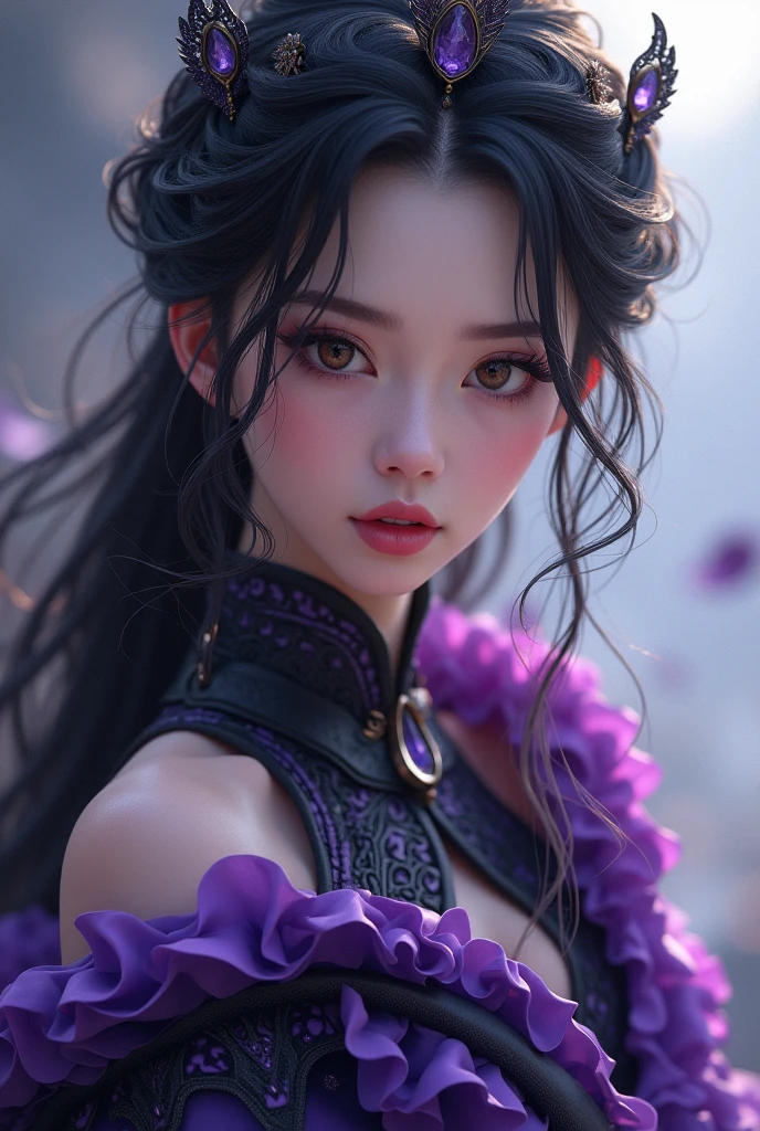 A close-up of a woman in a purple and black outfit, shadow carrier kinematics, 4k detail fantasy, a beautiful fantasy empress, CG game, Fantasy fairy tale, xianxia hero, 2. 5d cgi anime fantasy artwork, Close-up of the cinematic goddess., ruan jia and artgerm, wow 4k detail fantasy, hyper detailed fantasy character