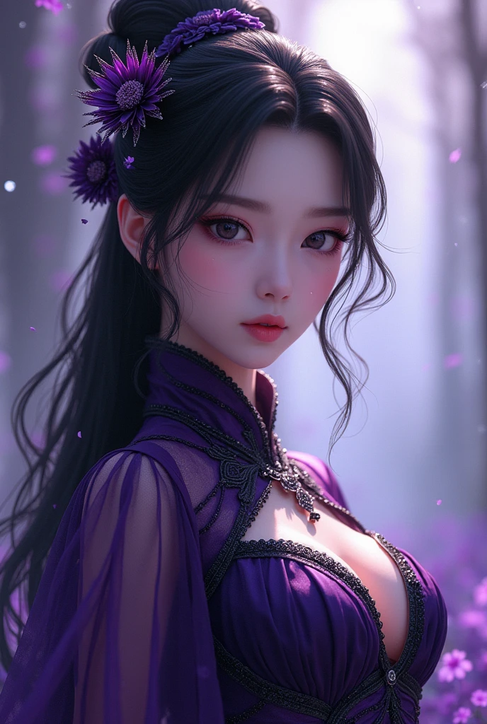 Hyper detailed, High quality, ultra detailed, Masterpiece, Best Quality, Super Detail, Very Delicate and Beautiful, A Woman, mature face, older woman, solo, voluptuous body, Violet hair, Very long hair, solo, 1woman, long hair, solo, silver eyes, Big breasts, cleavage,violet hair that reached her shoulders which was braided, eyes was silver in color as if glowing,two hands, two legs, kneeling, seductive face, perfect body, spread her legs.