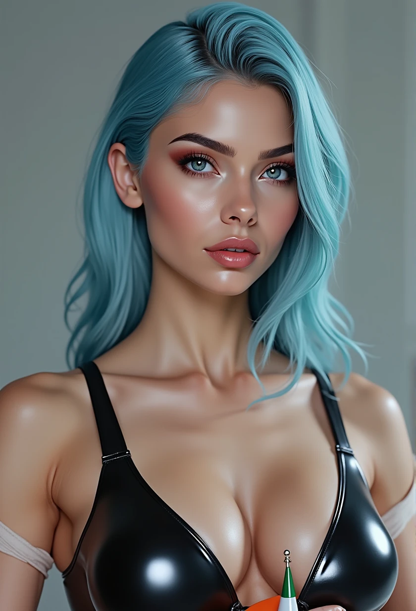 ull length photo, (full body photo:2.0), a real ultra realistic 8k goddess of temptation with cyan coloured hair and perfect beautiful face ratio according to mathematically, perfect jawlines, perfect face cut, perfect cheek bones, ultra realistic 8k facial features, beautiful blue big realistic beautiful eyes, juicy beautiful lips, bright light, long_hair in a beautiful white saree dress with tricolor indian flag in hand