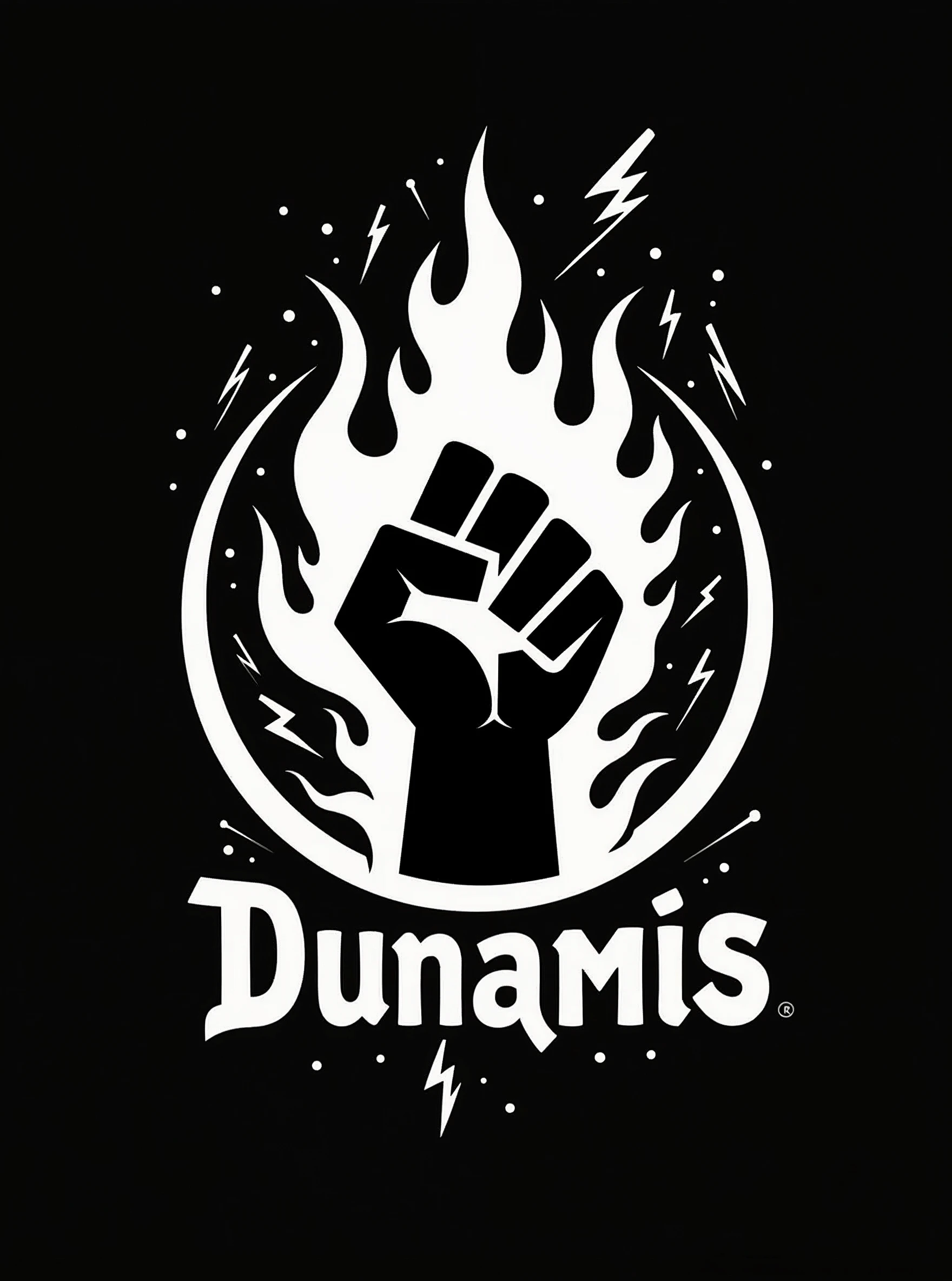 a logo with a hand on fire and lightning bolts around it, written dunamis, very imperative and bold, closed hand, black and white, inside a circle