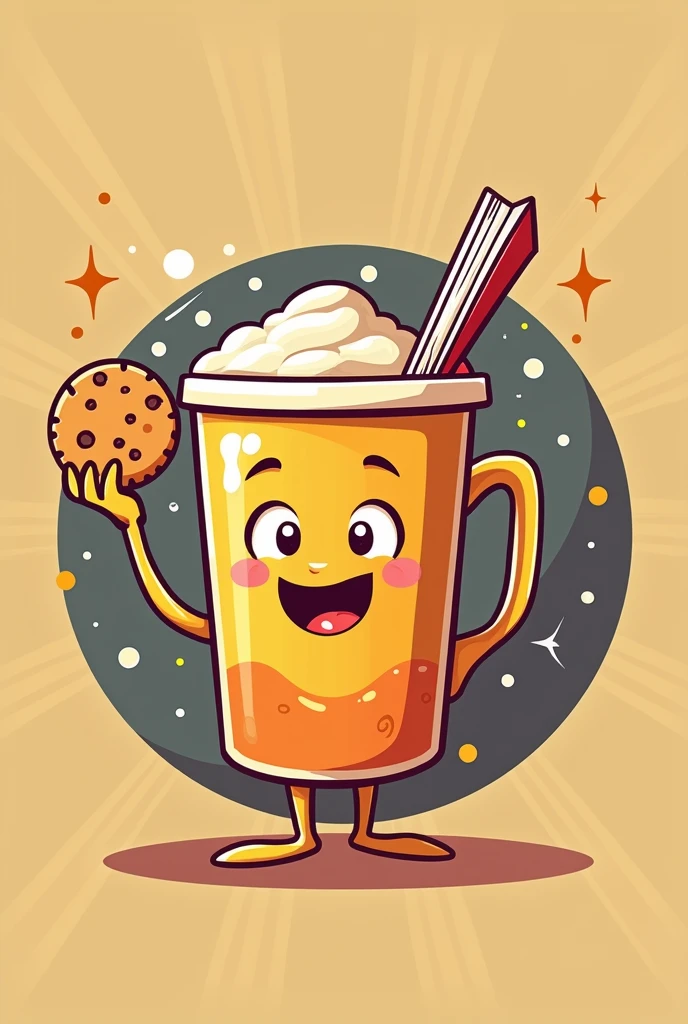 Please create a mascot that is a drink holding a snack and a very important bookmark, in Cartoon style for a logo, but don't do it , do professional 