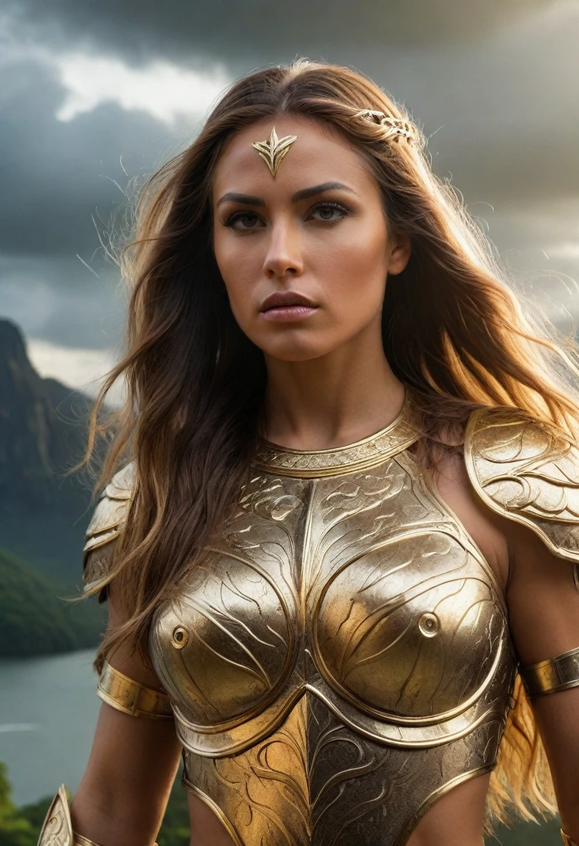 (a beautiful angelic amazonianwarrior princess,perfect body,extremely detailed face and eyes,long flowing hair,wearing intricate golden armor,posing heroically,cinematic lighting,dramatic clouds and scenery,epic fantasy landscape,highly detailed,photorealistic,8k)