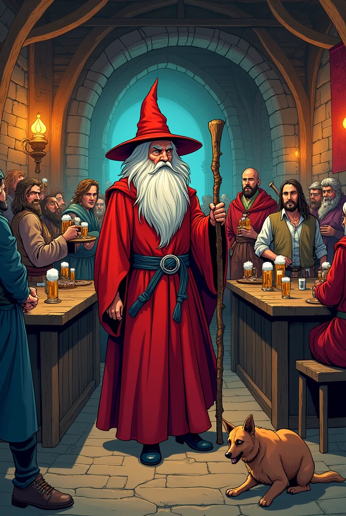 Make a tavern with people from a medieval universe there, where an old wizard with a red pointed hat and red robes and a wooden staff arrives at the location and just looks around. Make an art that is comic book style
