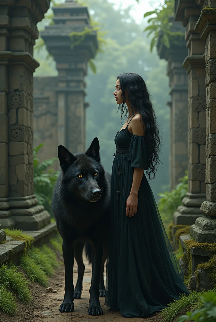 white skin woman, black fur, in Mexican ruins, along with a black wolf, yellow eyes,