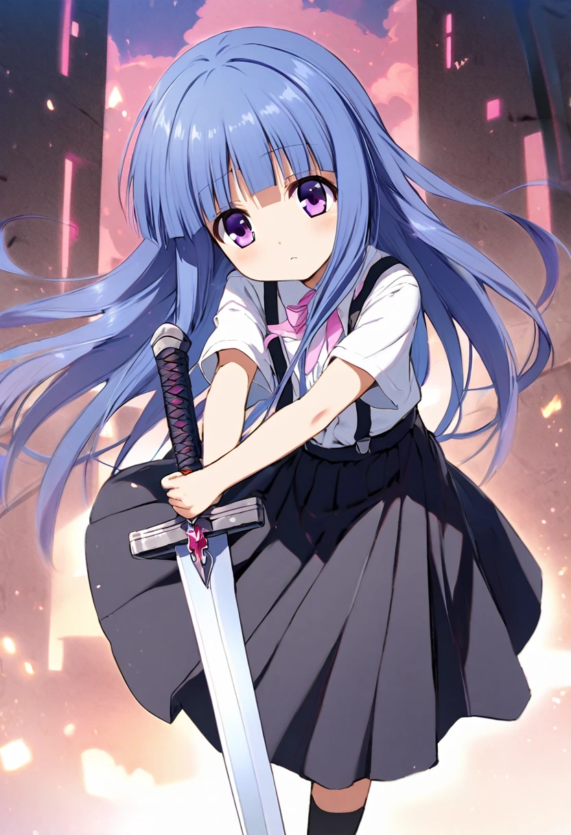 Have a big sword, , alone, (Rika Furude), Blue Hair, Purple eyes, Long Hair, blunt bangs, bangs, 11 years old, White shirt, Pink Ribbon, suspenders, Black Skirt, 