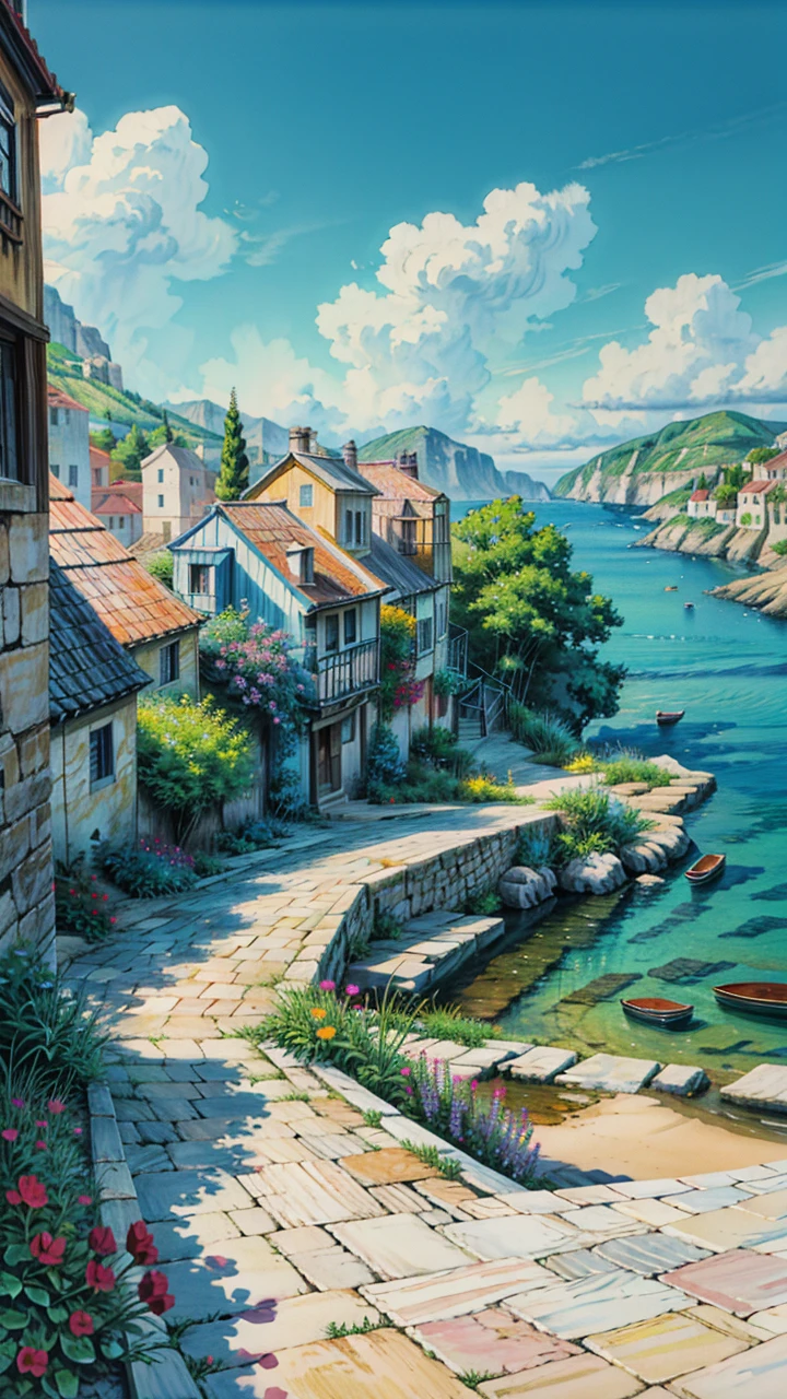 a painting of a narrow street with potted flowers, by Frances Jetter, greek art, by Demetrios Farmakopoulos, narrow street, ancient mediterranean village, greece, colorful landscape painting, gorgeous painting, architectural painting, vibrant gouache painting scenery, colorfull painting, colorful painting, mediterranean fisher village, beautiful painting, narrow streets, art painting, vibrant painting, greek architecture, 4k hd,, beautiful art uhd 4 k, a beautiful artwork illustration, beautiful digital painting, highly detailed digital painting, beautiful digital artwork, detailed painting 4 k, very detailed digital painting, rich picturesque colors, gorgeous digital painting