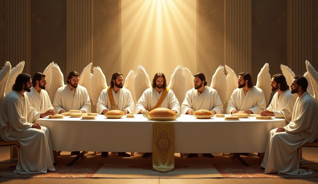 "Create 13 men for me: one representing Jesus Christ and 12 men representing the 12 apostles of Christ, all including Jesus Christ, in angelic clothing but without wings. They should all be seated in modern chairs around a long table, similar to Leonardo da Vinci's painting, with a beautiful tablecloth and several loaves of bread from that time on the table. Jesus Christ should be in the center, with 6 men to his right and 6 to his left, representing the 12 apostles. All should be dressed in angelic robes, without wings and in white garments, including Jesus Christ. The look should be more modern and adapted to the year 2024, with a more fashionable style. The only difference is that Jesus Christ should wear a sash over his left shoulder, descending to his right hip, with the phrase 'King of Kings' written on the sash over Jesus Christ."