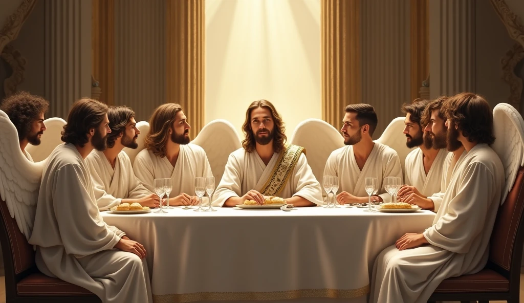 "Create 13 men for me: one representing Jesus Christ and 12 men representing the 12 apostles of Christ, all including Jesus Christ, in angelic clothing but without wings. They should all be seated in modern chairs around a long table, similar to Leonardo da Vinci's painting, with a beautiful tablecloth and several loaves of bread from that time on the table. Jesus Christ should be in the center, with 6 men to his right and 6 to his left, representing the 12 apostles. All should be dressed in angelic robes, without wings and in white garments, including Jesus Christ. The look should be more modern and adapted to the year 2024, with a more fashionable style. The only difference is that Jesus Christ should wear a sash over his left shoulder, descending to his right hip, with the phrase 'King of Kings' written on the sash over Jesus Christ."