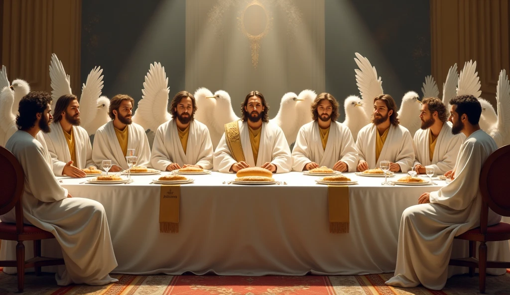 "Create 13 men for me: one representing Jesus Christ and 12 men representing the 12 apostles of Christ, all including Jesus Christ, in angelic clothing but without wings. They should all be seated in modern chairs around a long table, similar to Leonardo da Vinci's painting, with a beautiful tablecloth and several loaves of bread from that time on the table. Jesus Christ should be in the center, with 6 men to his right and 6 to his left, representing the 12 apostles. All should be dressed in angelic robes, without wings and in white garments, including Jesus Christ. The look should be more modern and adapted to the year 2024, with a more fashionable style. The only difference is that Jesus Christ should wear a sash over his left shoulder, descending to his right hip, with the phrase 'King of Kings' written on the sash over Jesus Christ."