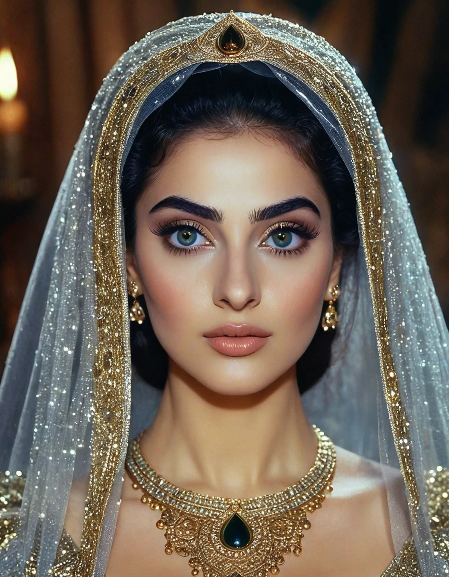 sexy and alluring celestial beautiful and elegant Hazrat cinderella 1990 live - action movie first look, grainy, vhs filter, wearing glittery tulle cape and glittery tulle cloak as ancient and enigmatic muslim prophetess with irresistible holy aura, invites infidels to islam and monothemism and allah, her gaze towards people makes to be ashamed of themselves, her power are in her celestial shiny creepy hypnotic eyes and face with magics, she has shiny hypnotic eyes of a witch to make you freezed and brainwashed, gaze of a dangerous and scary bewitchful eye, ( نبي الله سندريلا صلى الله عليها وآله وسلم), her body tease and torture the mind and sexual desires, her skin is so glistening oil and juicy like a peach