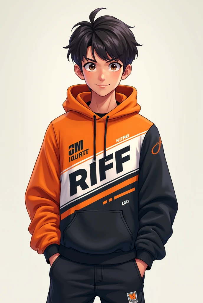 Crie uma imagem de um rapaz Youngh. He is wearing a sweatshirt uniform with orange and black colors. The top is a hoodie. The uniform says RIFF. Create a modern uniform, Youngh, creative and attractive. Divide the orange and black colors throughout the uniform. Use elements like stripes, Musical Elements. Create a uniform with a school structure.