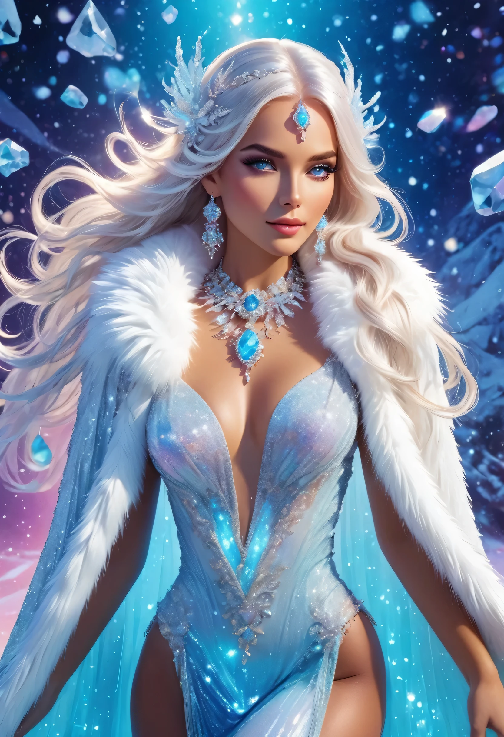 create a prompt: a beautiful woman, tanned and pearly skin, long flowing white hair with glitter, perfect face, eyes detailed with mascara colored with glitter, full mouth, stone earrings and necklace, wearing iridescent plastic fabric, shoulders exposed , white synthetic fur coat, fashion pose, background illuminated and intricate colored ice crystals, optimize.