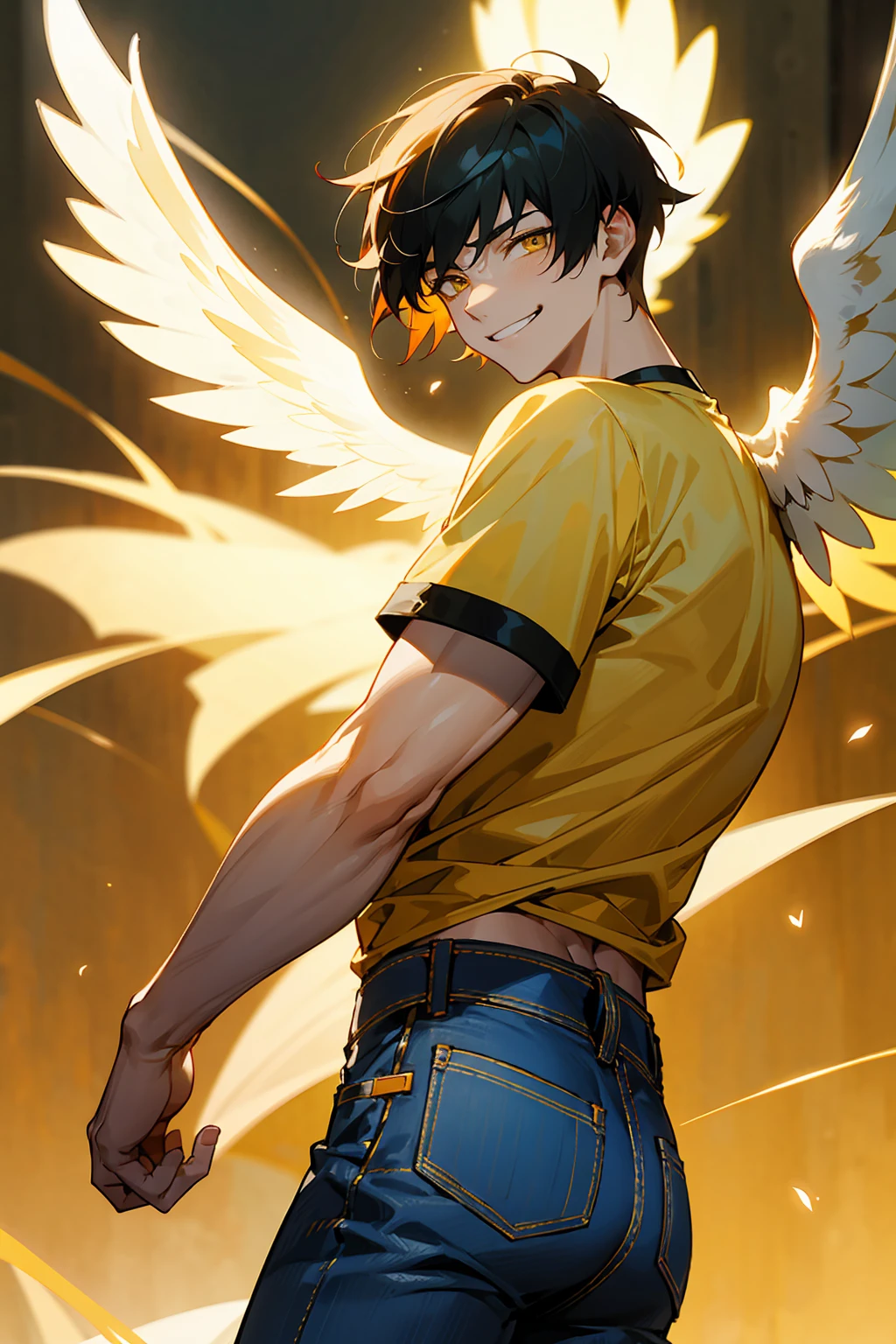 1male, Young Adult, Light Orange Hair, Black Hair, Two Toned Hair, Short Hair, Yellow eyes, Disheveled Hair, Radiant, T-Shirt, Jeans, Smirk, Masculine, Beautiful Lighting, Angel Wings, Flying, Muscular