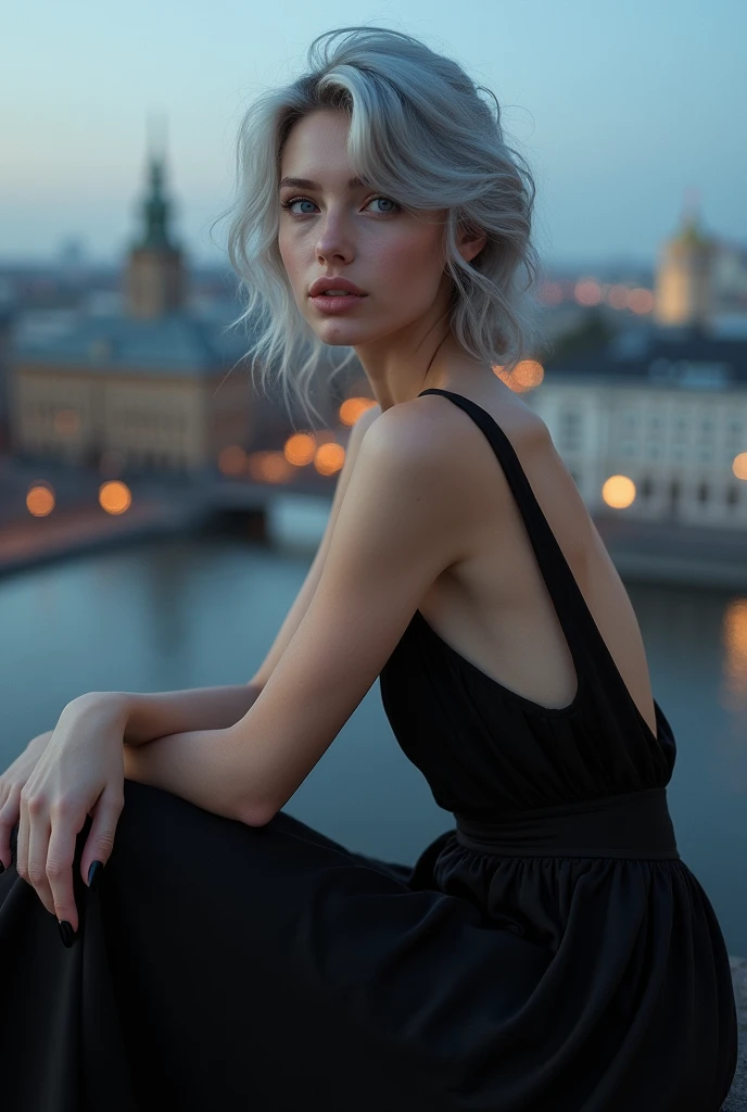 Beautiful girl with white skin, light gray hair, with bright shining eyes, Shiny skin, beautiful black manicure, Beautiful nails, pearl skin, In a black dress, beautifully detailed fingers, professional photo, 4K, a high resolution, high detail, realistic, looks straight, is sitting, Against the backdrop of St. Petersburg, evening, modest
