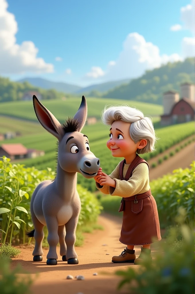 Create for me an image of a donkey on a large farm next to its elderly owner (Woman). Pixar-style.