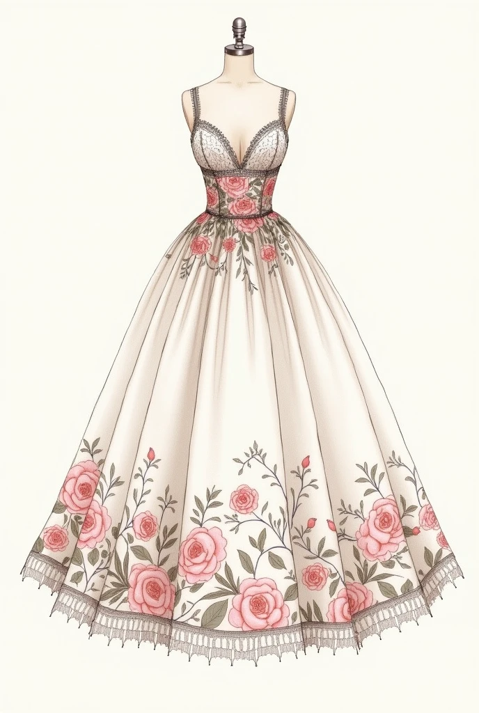 Sketch of a dress with flowers on its fabric and colors, and short and long lace.