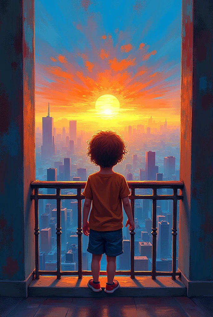 Create an image that looks like a colorful abstract painting of a child looking at the sunset from a building balcony with an orange sun and a blue sky.