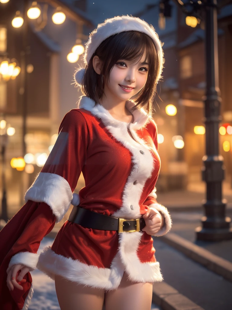 A 25 year old japanese girl, detailed cutie face,cutie smile, balanced detailed eyes, detailed droppy eyes, extremely detailed face, slender body, short hair, (Santa Claus costume:1.25), snowy night town, (best quality,4k,8k,highres,masterpiece:1.2),ultra-detailed,(realistic,photorealistic,photo-realistic:2.0),HDR,UHD,studio lighting,ultra-fine painting,sharp focus,physically-based rendering,extreme detail description,professional,vivid colors,bokeh,fantasy,magical,whimsical,soft lighting,warm colors,digital painting