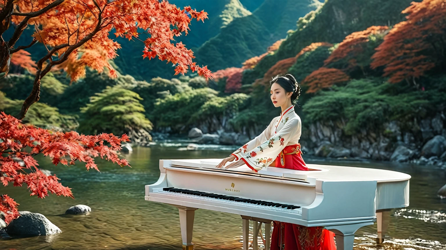 masterpiece, high quality animation, hyper-realistic aesthetic photo, (HDR:1.2), pore and detailed, intricately detailed, graceful and beautiful textures, RAW photo, 16K, sharp focus, cinematic lighting, (vivid colors), (crisp details), (lyrical Chinese classical aesthetic), (beautiful landscape with mountains and water), (vibrant flowers), (flowing stream), (ultra-beautiful Taiwanese woman), (elegant attire), (luxurious white grand piano on the water), (autumn maple leaves)