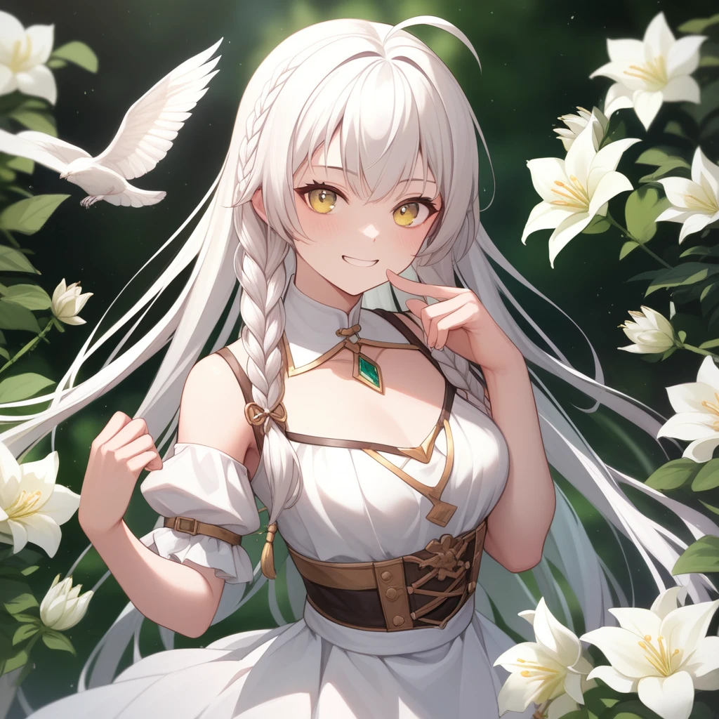 White-haired girl、two very long braids、greenish-yellow eyes、wearing simple white dress、(all white clothing)、Calm Afternoon - Very detailed、masterpiece, Highest quality, Bright - With a bright forest background、smirking、cute facial expression、white lilies、feisty personality、(picture from waist up),(Detailed fingers), (Emotional), (Breathtakingly beautiful), (main part:1.2 Whole body), (Anime Style), (Very detailed), (超High resolution, High resolution), (8k), (Complex and beautiful: 1.2)