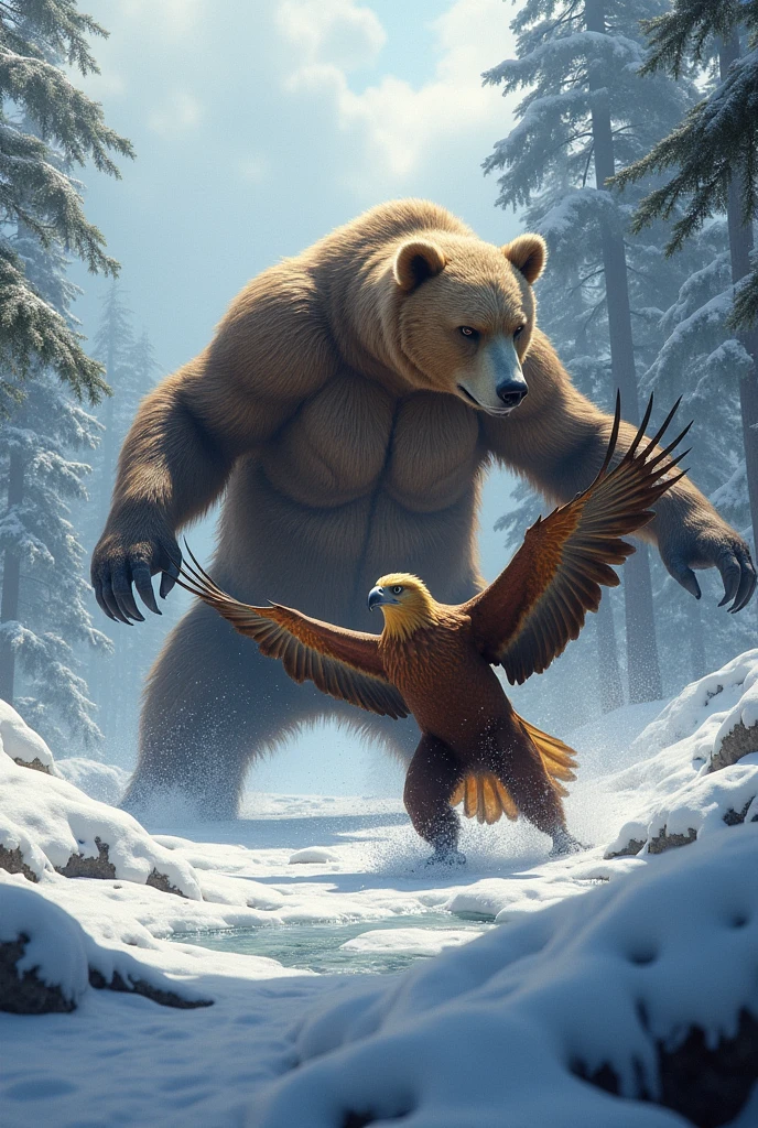 Generated an image of a giant golden eagle catching a giant bear bigger than it in the snow 