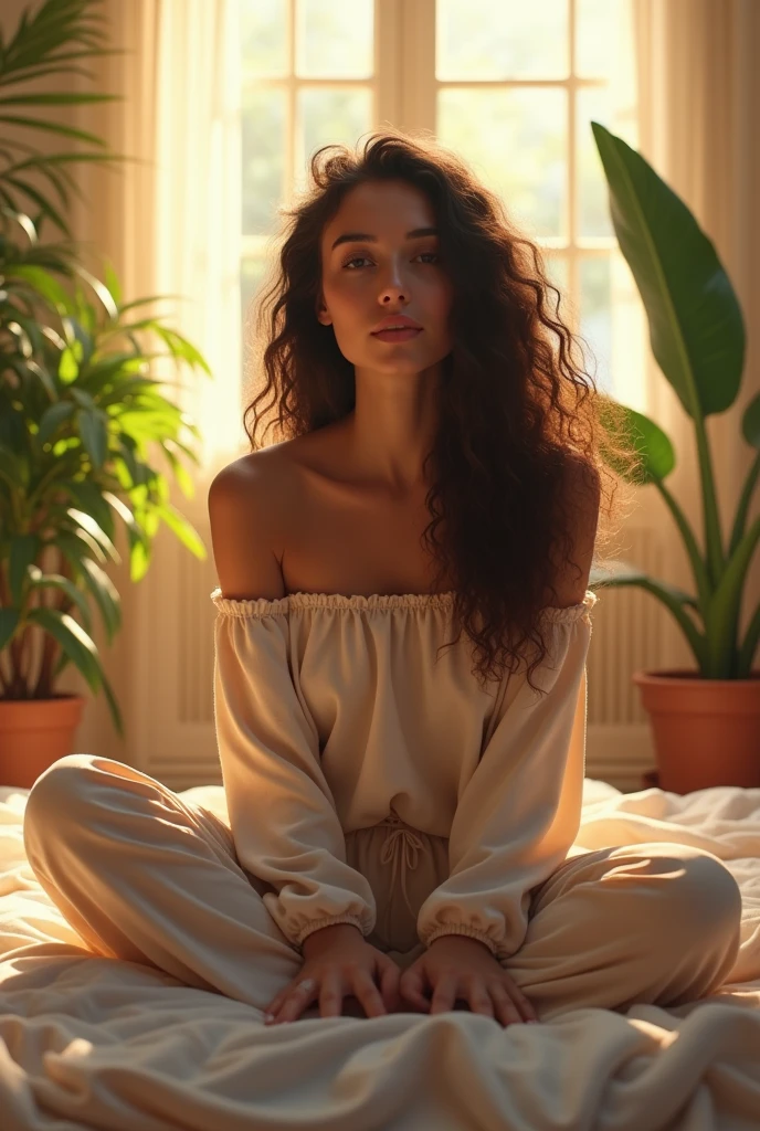 (photorealism:1.2), beautiful woman, sitting on bed, wearing loose off-shoulder top, pajama pants, long curly hair, indoors, soft lighting, plants in background, window with sunlight, cozy room, relaxed pose, realistic, intricate details, warm colors, by Greg Rutkowski, by Alphonse Mucha