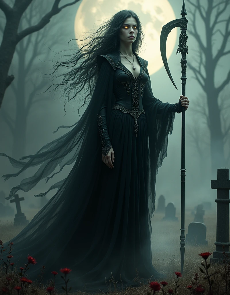 (Goddess of Death:1.4), (masterpiece:1.4, best quality), (photo realistic:1.4), ethereal and haunting appearance, embodying the power and inevitability of death, dressed in flowing dark robes that blend into shadows, adorned with subtle skeletal and gothic details, (hair like wisps of smoke or shadow, with dark and muted tones:1.2), (eyes glowing with an otherworldly light, filled with a cold, eternal wisdom:1.4), holding a scythe or an hourglass with sands of time running out, surrounded by swirling mist, spectral figures, and withered flowers, ((background of a barren, twilight landscape with a crescent moon and scattered gravestones:1.5)), (soft, eerie lighting that casts deep shadows and enhances her ominous aura:1.2), (regal and imposing pose that conveys her mastery over the realm of death:1.2), rich textures, muted and dark colors, (deep blacks:1.2), (ashen grays:1.2), (blood reds:1.4), (dynamic composition with flowing lines and a sense of quiet finality:1.2), high-quality and detailed, (awe-inspiring and chilling atmosphere:1.2), haunting and powerful, perfect image quality, symbolizing death, transition, and the balance between life and the afterlife, captivating and eerie presence