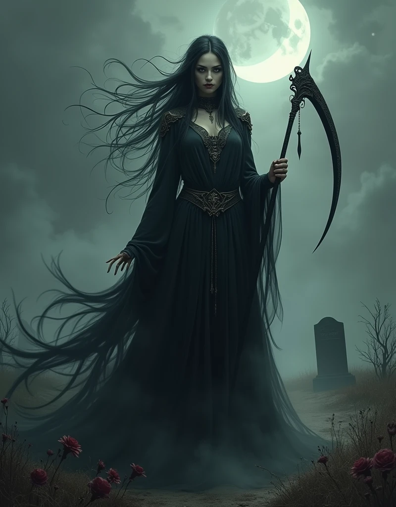 (Goddess of Death:1.4), (masterpiece:1.4, best quality), (photo realistic:1.4), ethereal and haunting appearance, embodying the power and inevitability of death, dressed in flowing dark robes that blend into shadows, adorned with subtle skeletal and gothic details, (hair like wisps of smoke or shadow, with dark and muted tones:1.2), (eyes glowing with an otherworldly light, filled with a cold, eternal wisdom:1.4), holding a scythe or an hourglass with sands of time running out, surrounded by swirling mist, spectral figures, and withered flowers, ((background of a barren, twilight landscape with a crescent moon and scattered gravestones:1.5)), (soft, eerie lighting that casts deep shadows and enhances her ominous aura:1.2), (regal and imposing pose that conveys her mastery over the realm of death:1.2), rich textures, muted and dark colors, (deep blacks:1.2), (ashen grays:1.2), (blood reds:1.4), (dynamic composition with flowing lines and a sense of quiet finality:1.2), high-quality and detailed, (awe-inspiring and chilling atmosphere:1.2), haunting and powerful, perfect image quality, symbolizing death, transition, and the balance between life and the afterlife, captivating and eerie presence